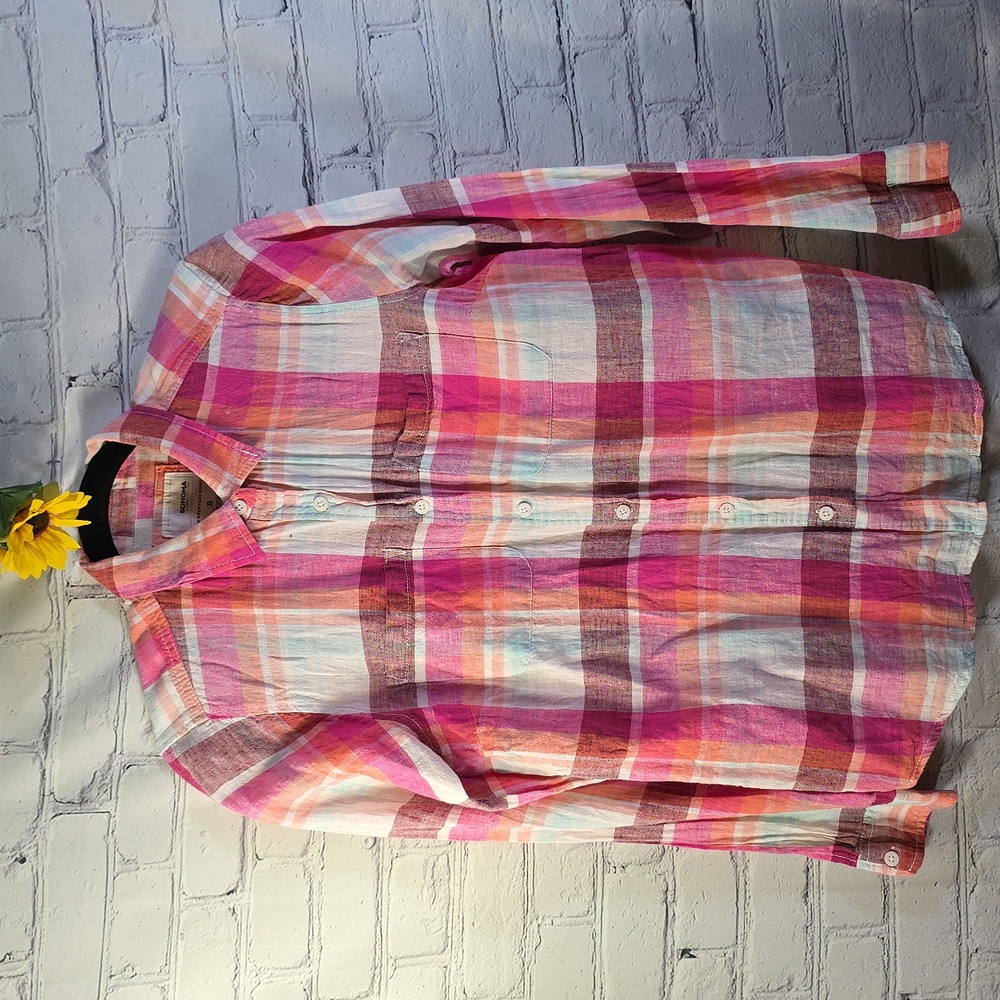 Sonoma linen long sleeve shirt pink white plaid Women SzS